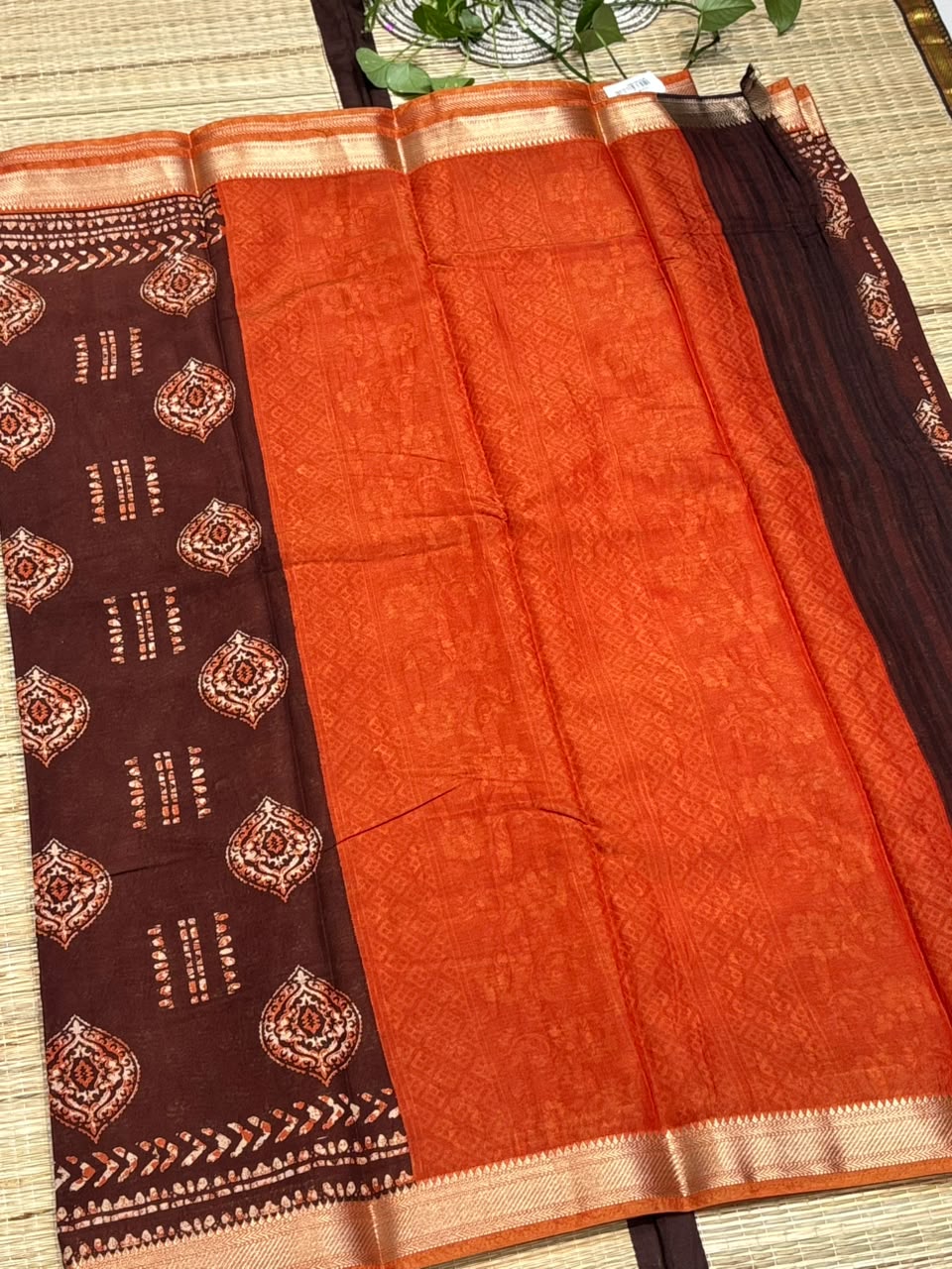 Dola Silk Saree with Geometric Batik &amp; Diamond Motif Print &amp; Zari Border