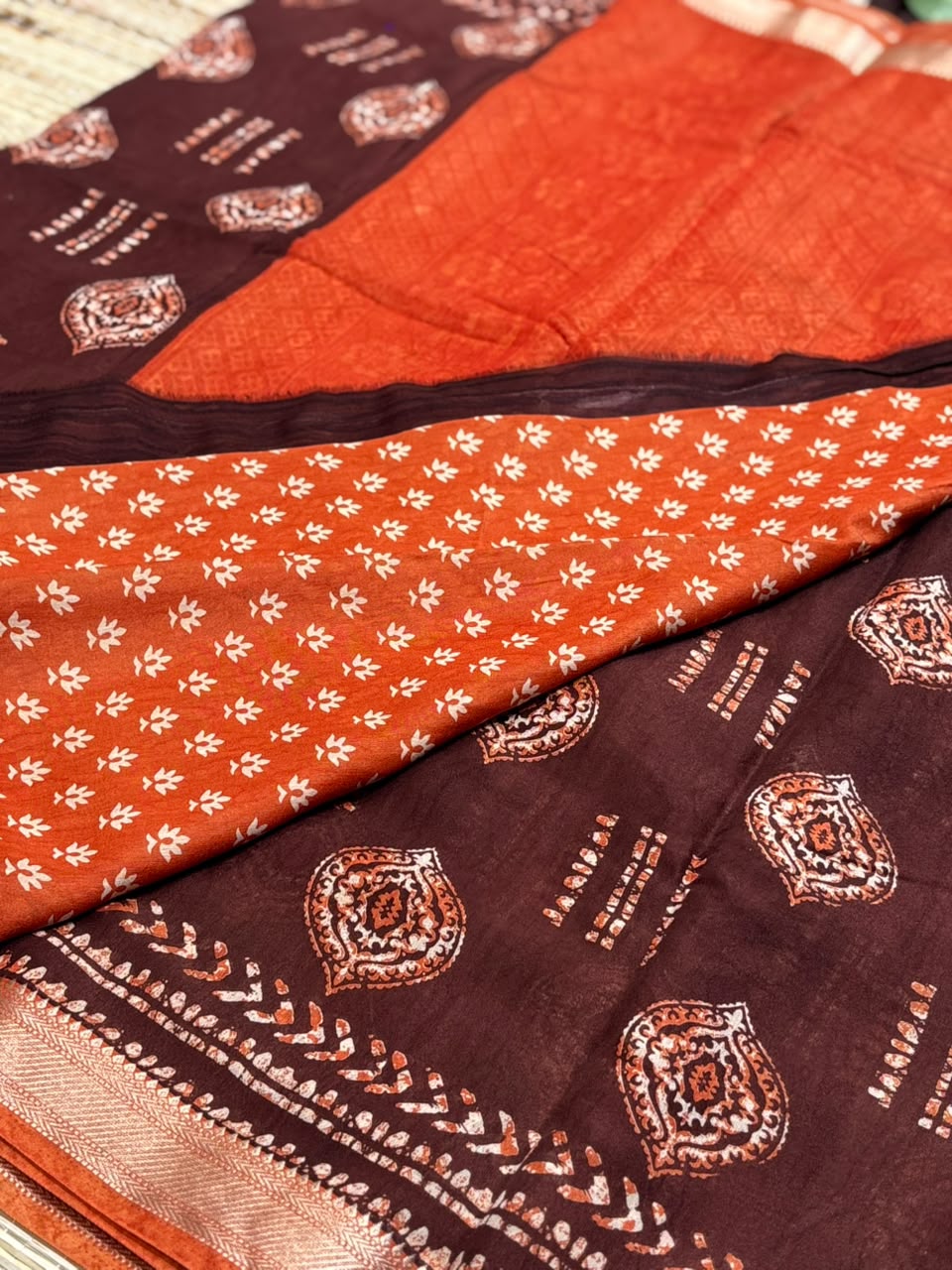 Dola Silk Saree with Geometric Batik &amp; Diamond Motif Print &amp; Zari Border