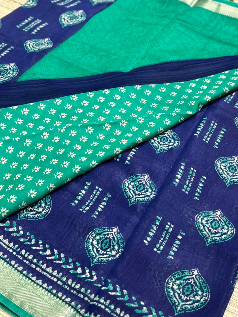 Dola Silk Saree with Geometric Batik &amp; Diamond Motif Print &amp; Zari Border