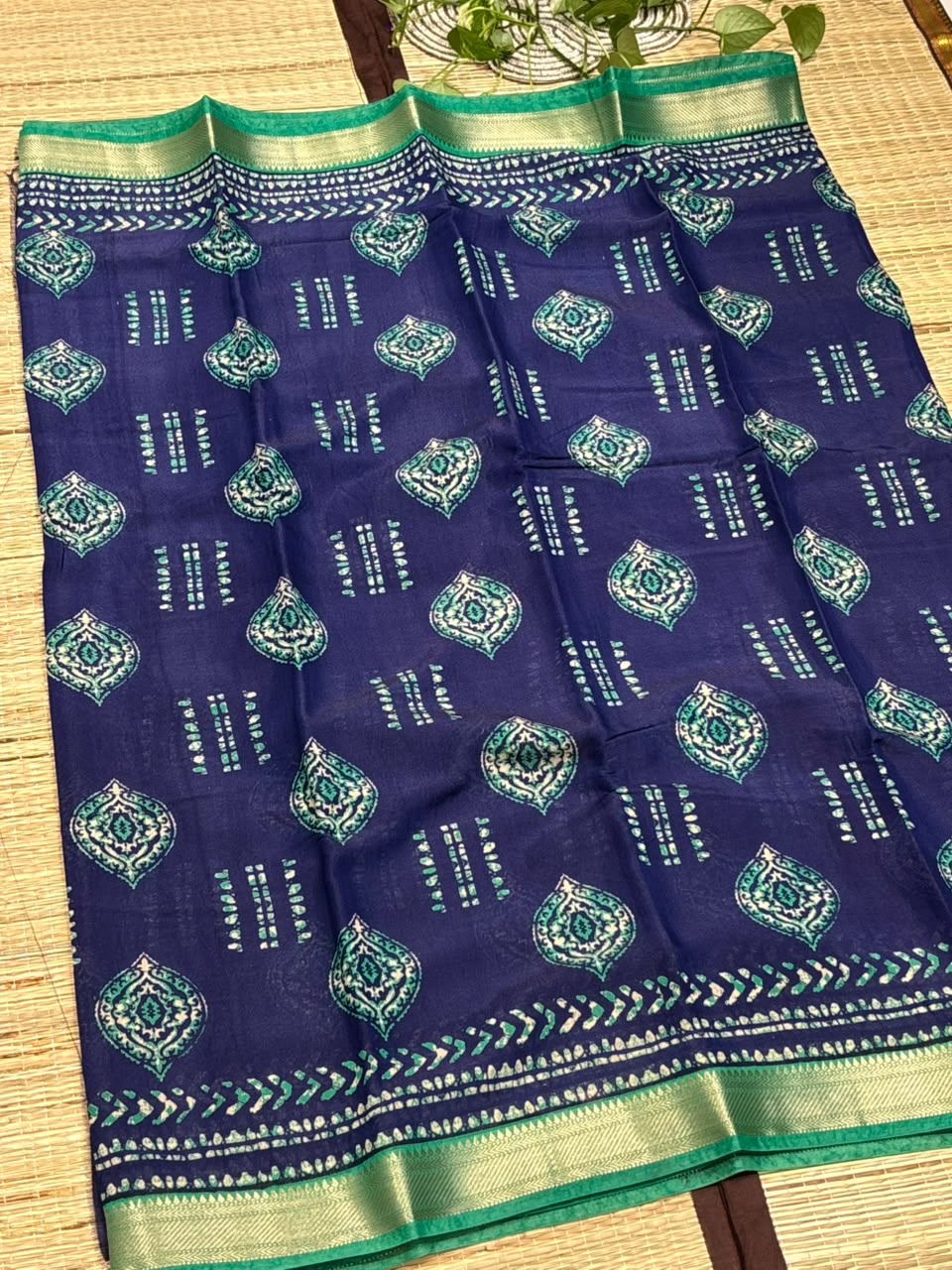 Dola Silk Saree with Geometric Batik &amp; Diamond Motif Print &amp; Zari Border