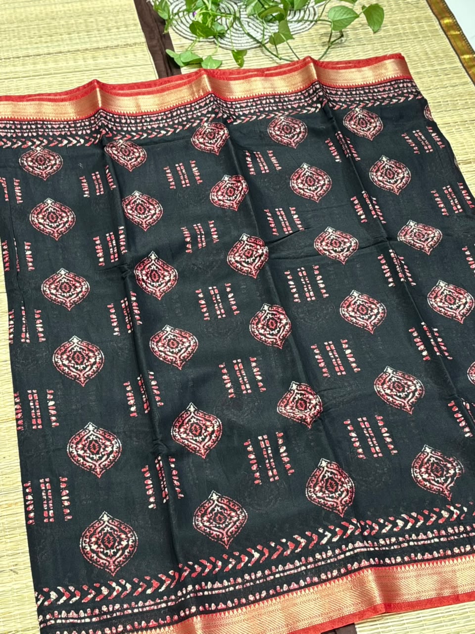 Dola Silk Saree with Geometric Batik &amp; Diamond Motif Print &amp; Zari Border