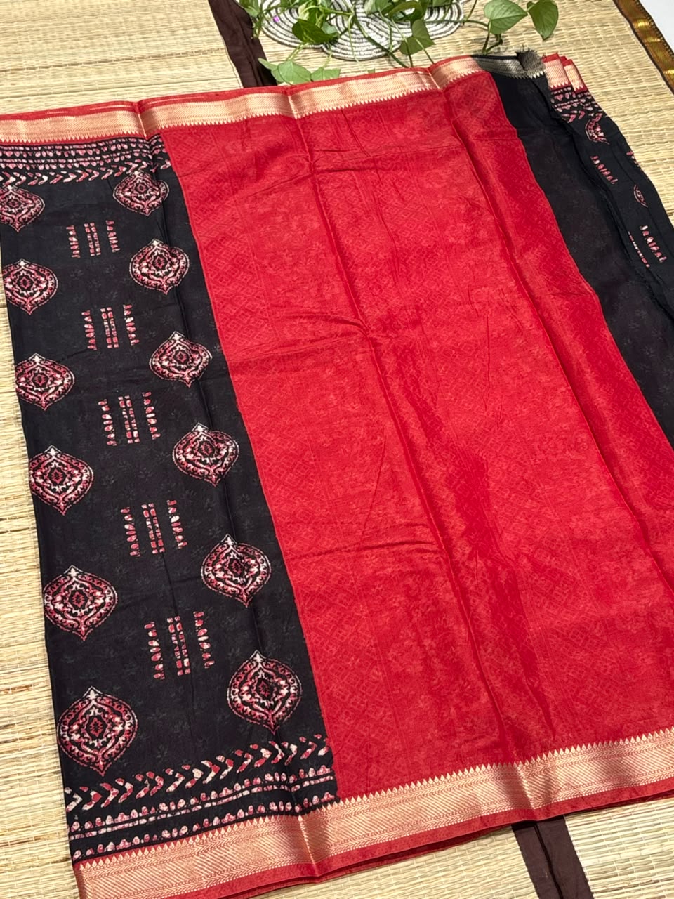 Dola Silk Saree with Geometric Batik &amp; Diamond Motif Print &amp; Zari Border