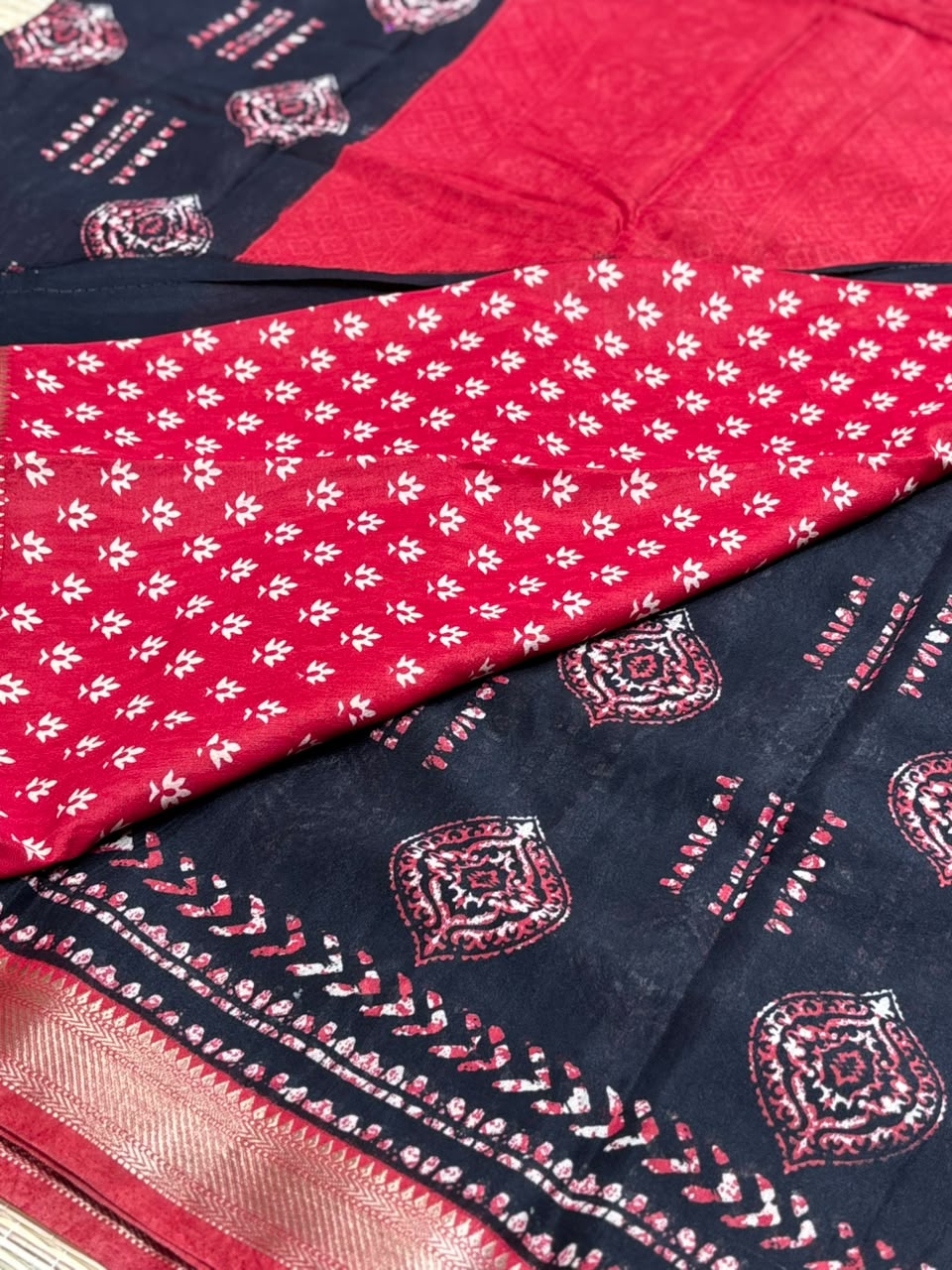 Dola Silk Saree with Geometric Batik &amp; Diamond Motif Print &amp; Zari Border