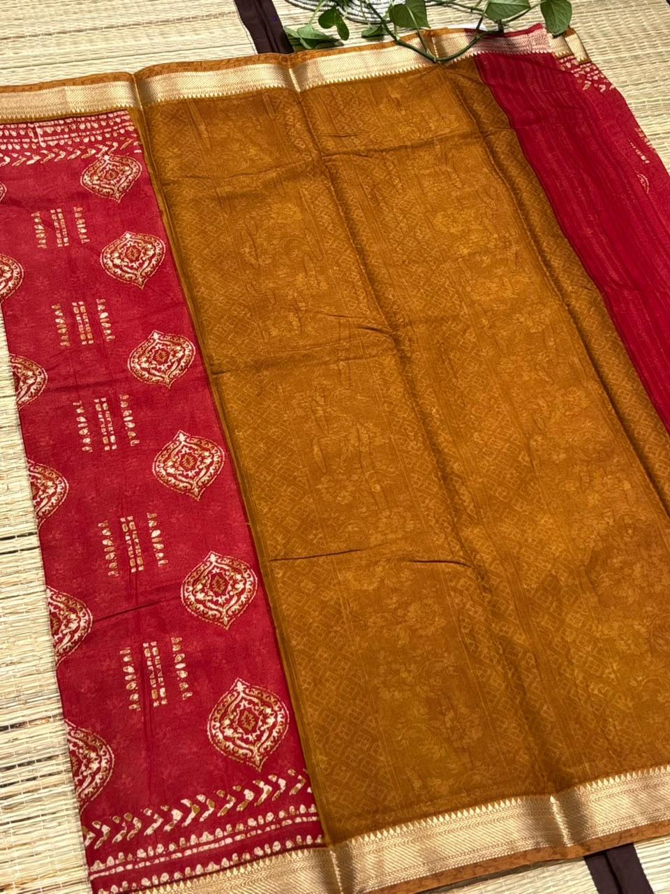 Dola Silk Saree with Geometric Batik &amp; Diamond Motif Print &amp; Zari Border
