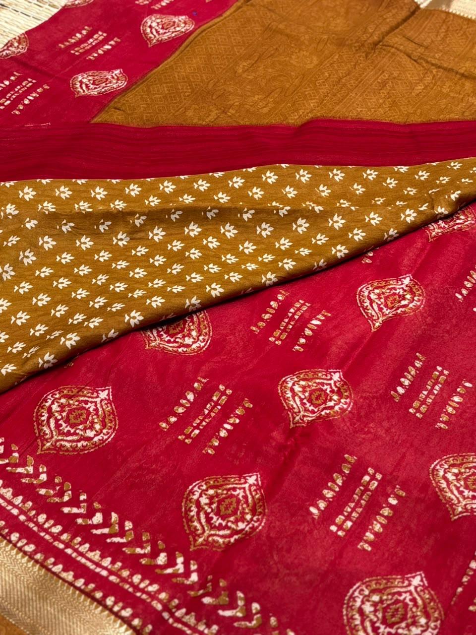 Dola Silk Saree with Geometric Batik &amp; Diamond Motif Print &amp; Zari Border