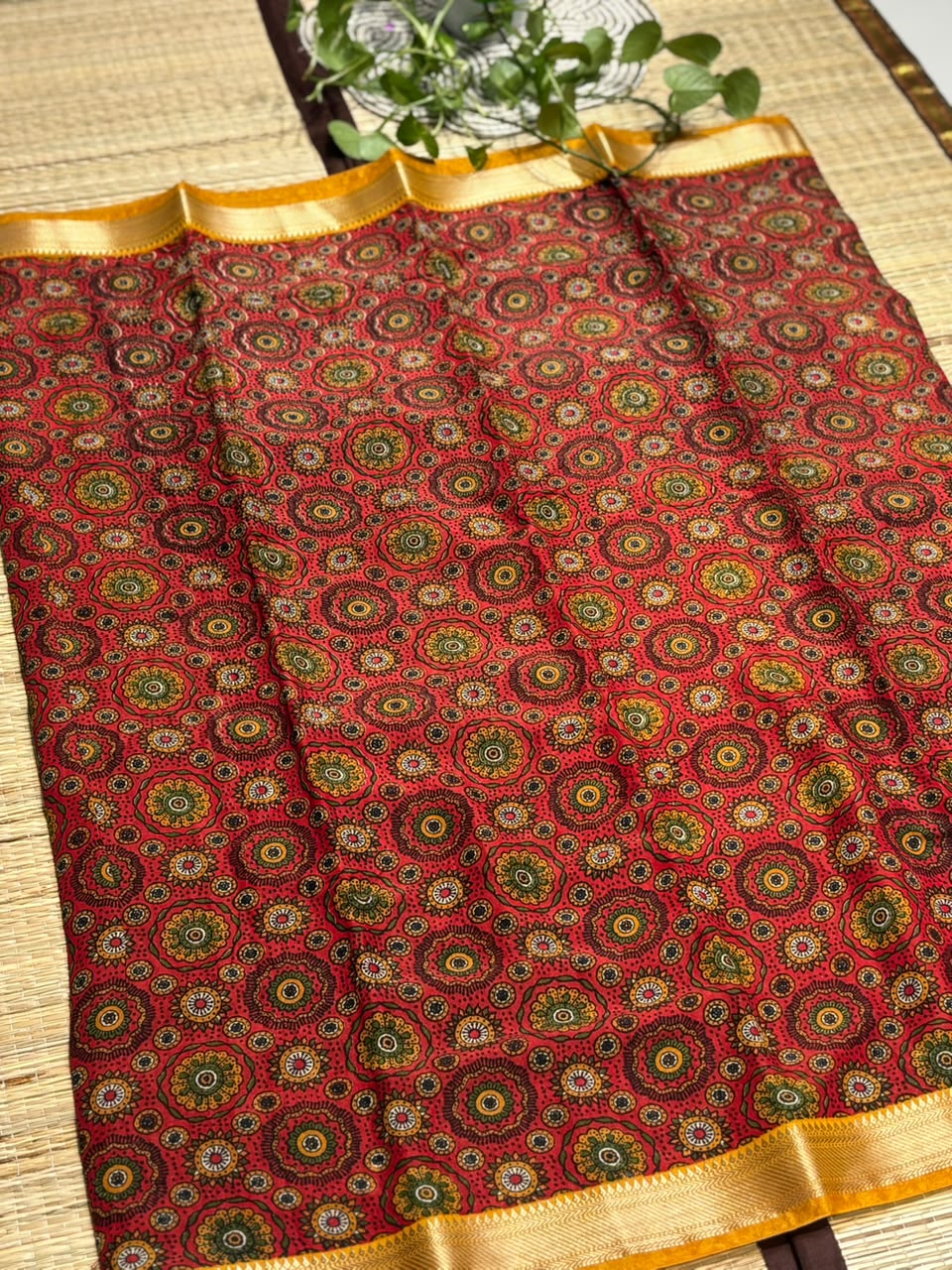 Dola Silk Saree with All-Over Floral Mandala &amp; Kaleidoscope Print &amp; Zari Border