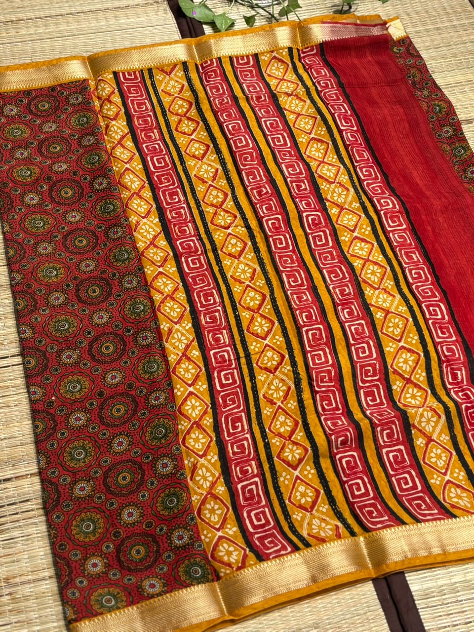 Dola Silk Saree with All-Over Floral Mandala &amp; Kaleidoscope Print &amp; Zari Border