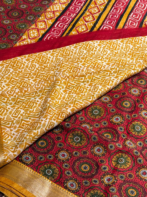 Dola Silk Saree with All-Over Floral Mandala &amp; Kaleidoscope Print &amp; Zari Border