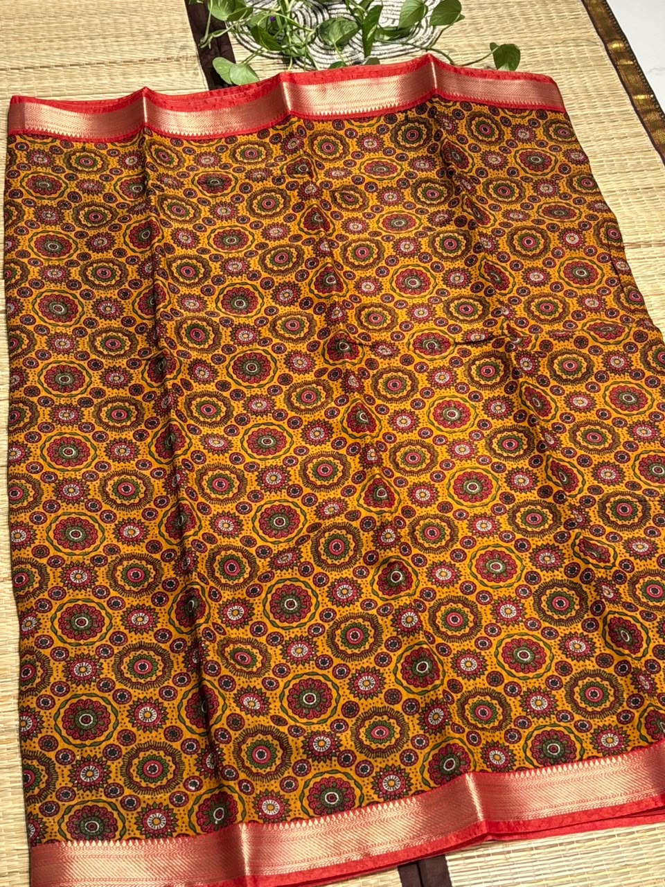 Dola Silk Saree with All-Over Floral Mandala Print &amp; Zari Border