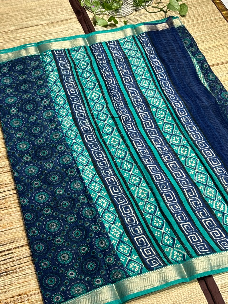 Dola Silk Saree with All-Over Floral Mandala Print &amp; Zari Border