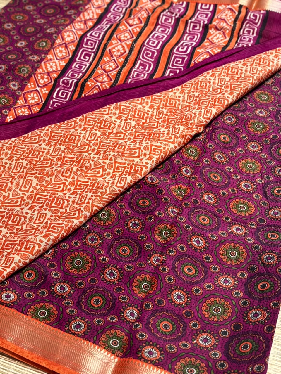 Dola Silk Saree with All-Over Floral Mandala &amp; Kaleidoscope Print &amp; Zari Border