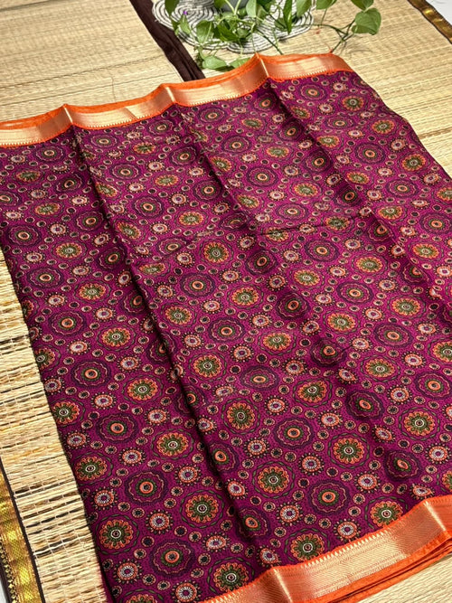 Dola Silk Saree with All-Over Floral Mandala &amp; Kaleidoscope Print &amp; Zari Border