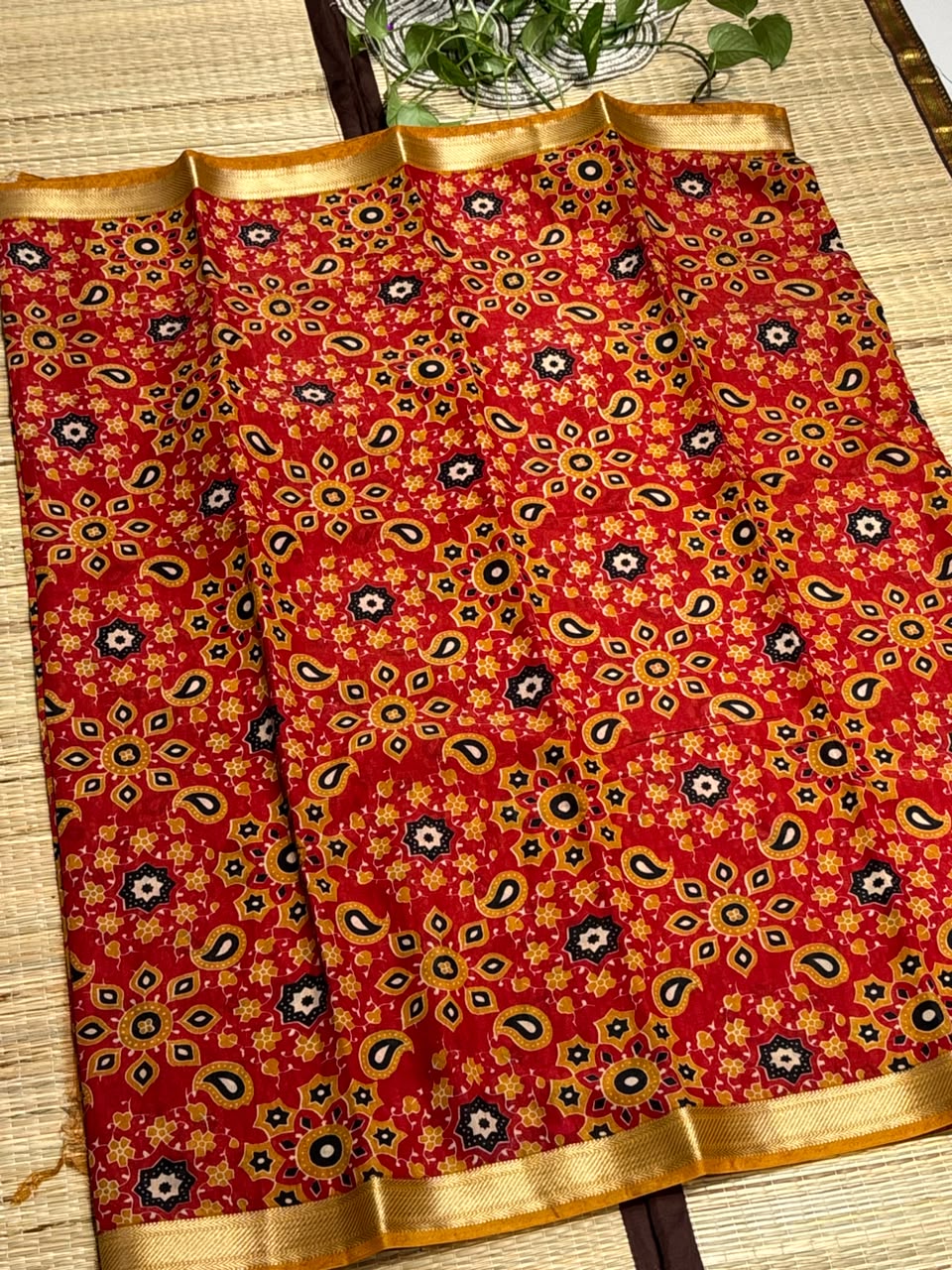 Dola Silk Saree with All-Over Kaleidoscope Floral &amp; Paisley Medallion Print &amp; Zari Border