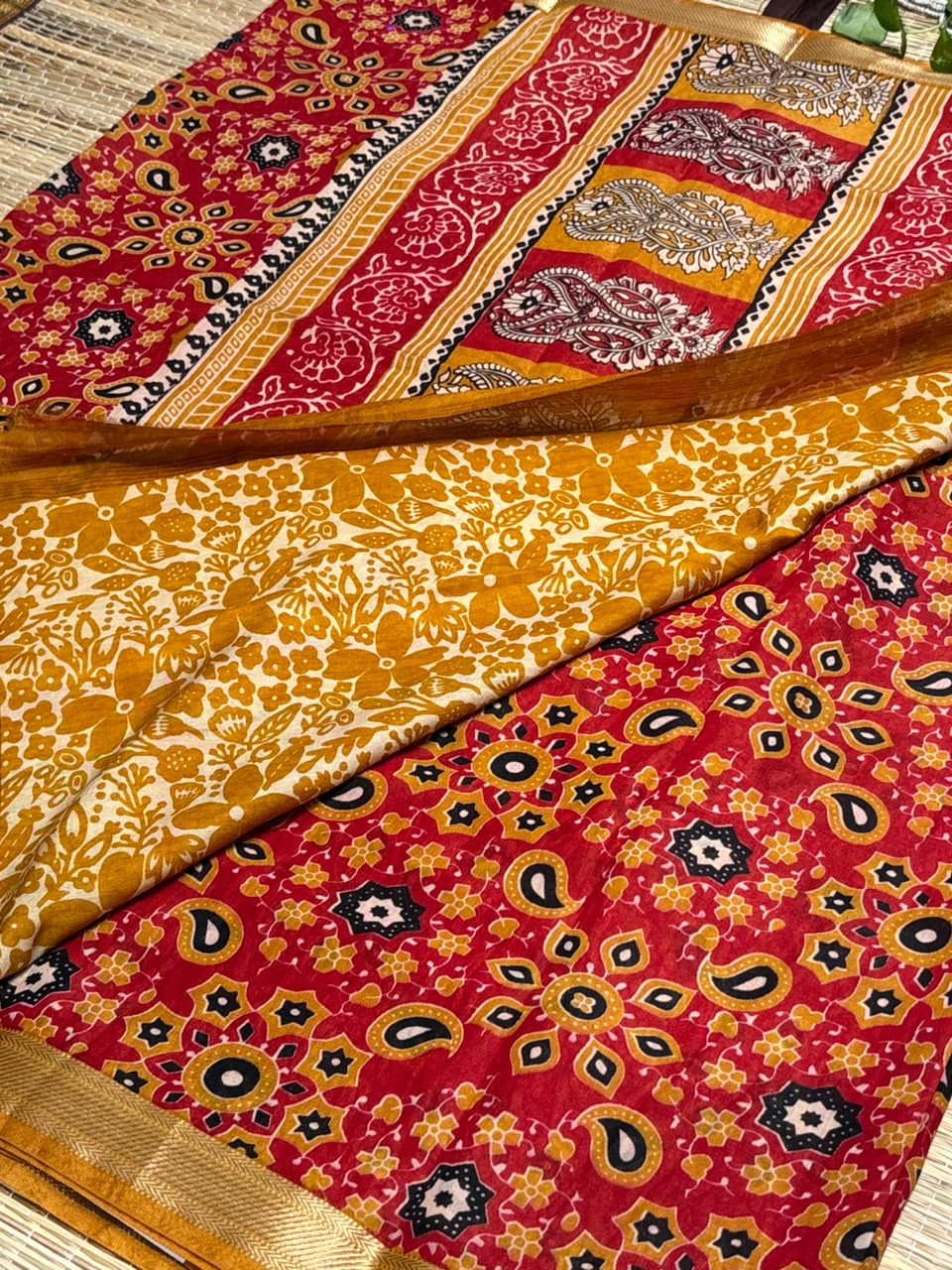 Dola Silk Saree with All-Over Kaleidoscope Floral &amp; Paisley Medallion Print &amp; Zari Border
