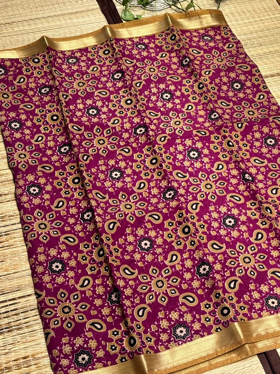Dola Silk Saree with All-Over Kaleidoscope Floral &amp; Paisley Medallion Print &amp; Zari Border