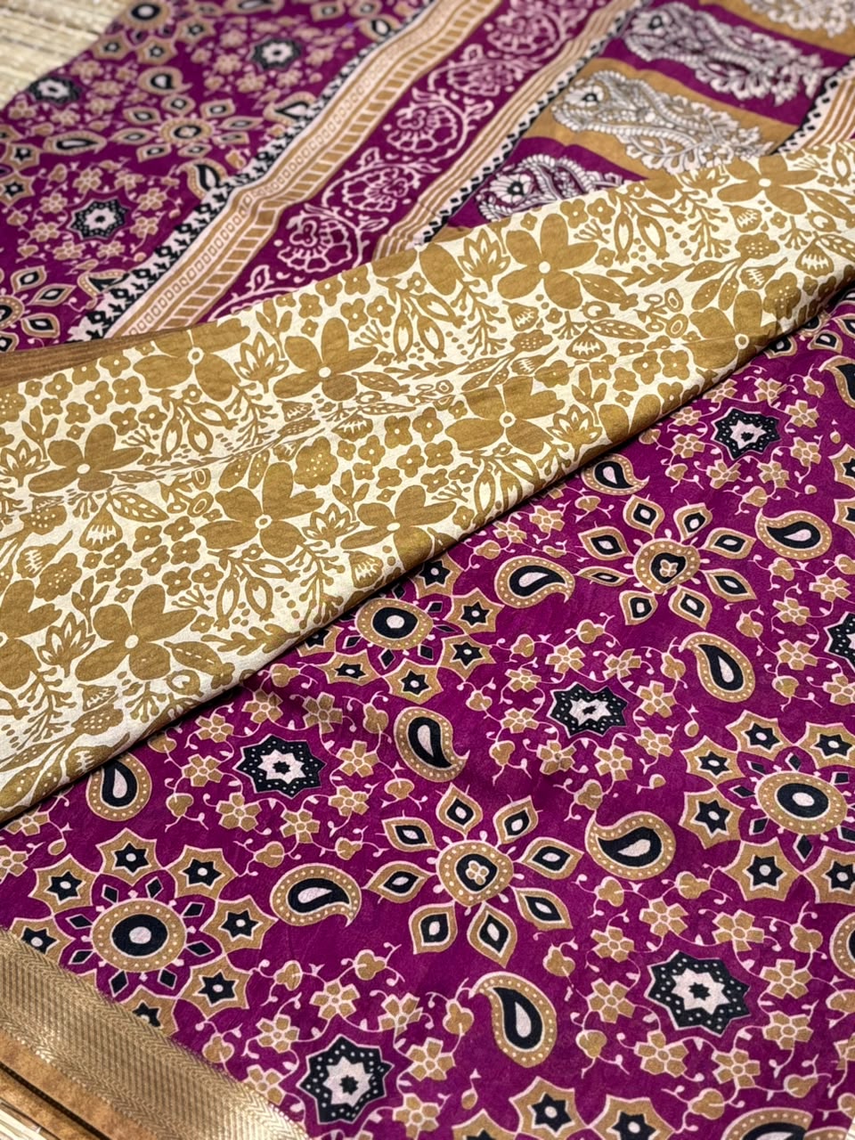 Dola Silk Saree with All-Over Kaleidoscope Floral &amp; Paisley Medallion Print &amp; Zari Border
