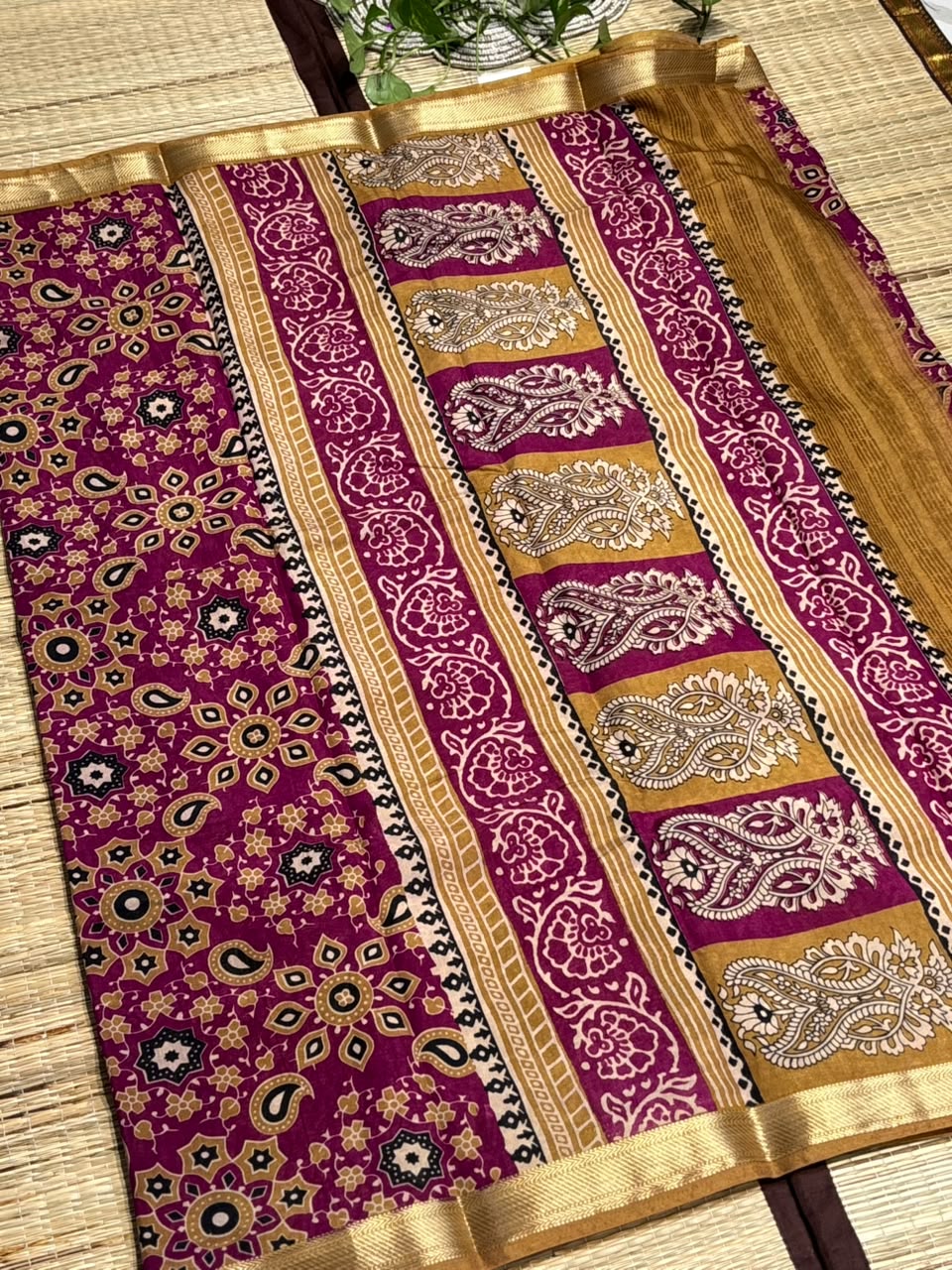 Dola Silk Saree with All-Over Kaleidoscope Floral &amp; Paisley Medallion Print &amp; Zari Border