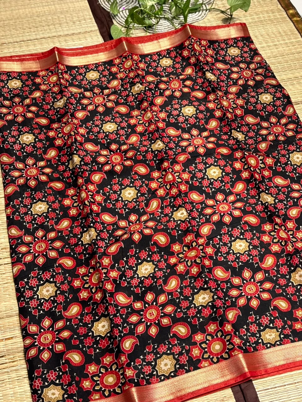Dola Silk Saree with All-Over Kaleidoscope Floral &amp; Paisley Medallion Print &amp; Zari Border
