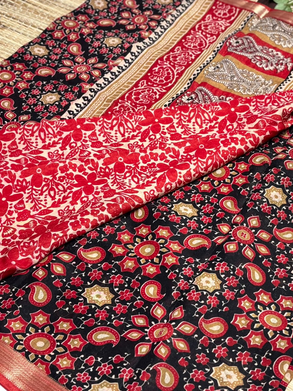 Dola Silk Saree with All-Over Kaleidoscope Floral &amp; Paisley Medallion Print &amp; Zari Border