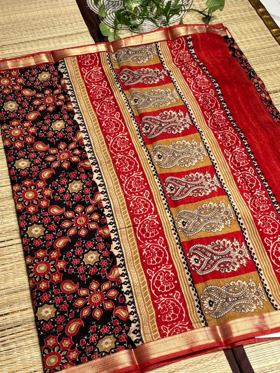 Dola Silk Saree with All-Over Kaleidoscope Floral &amp; Paisley Medallion Print &amp; Zari Border
