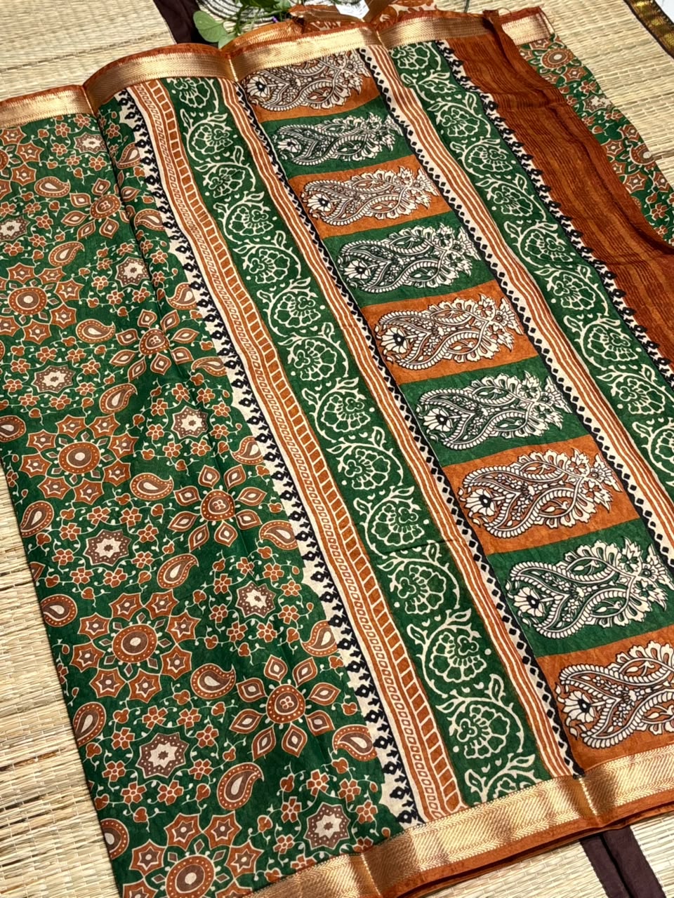 Dola Silk Saree with All-Over Kaleidoscope Floral &amp; Paisley Medallion Print &amp; Zari Border
