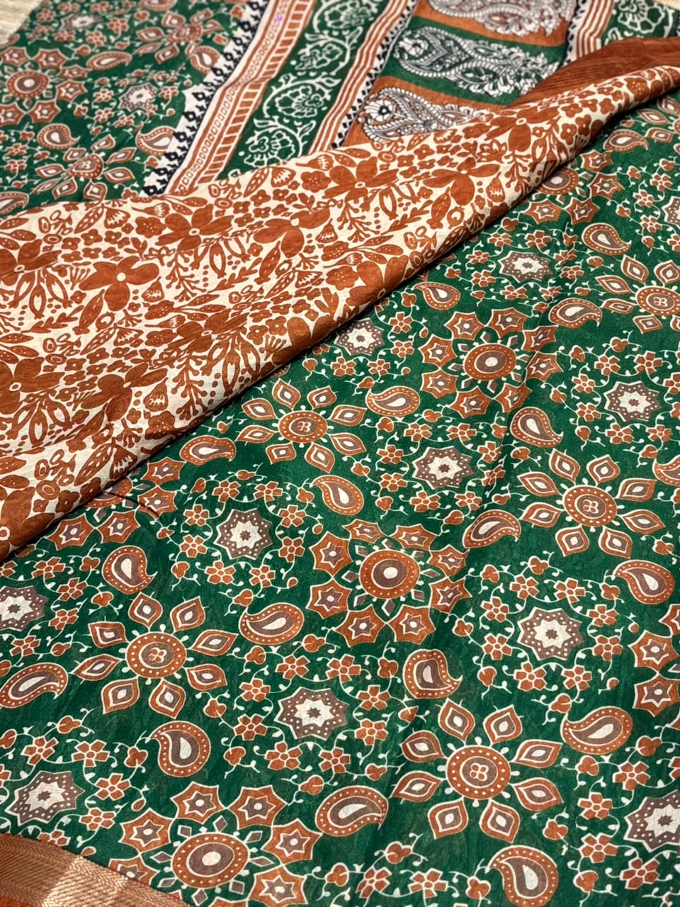 Dola Silk Saree with All-Over Kaleidoscope Floral &amp; Paisley Medallion Print &amp; Zari Border