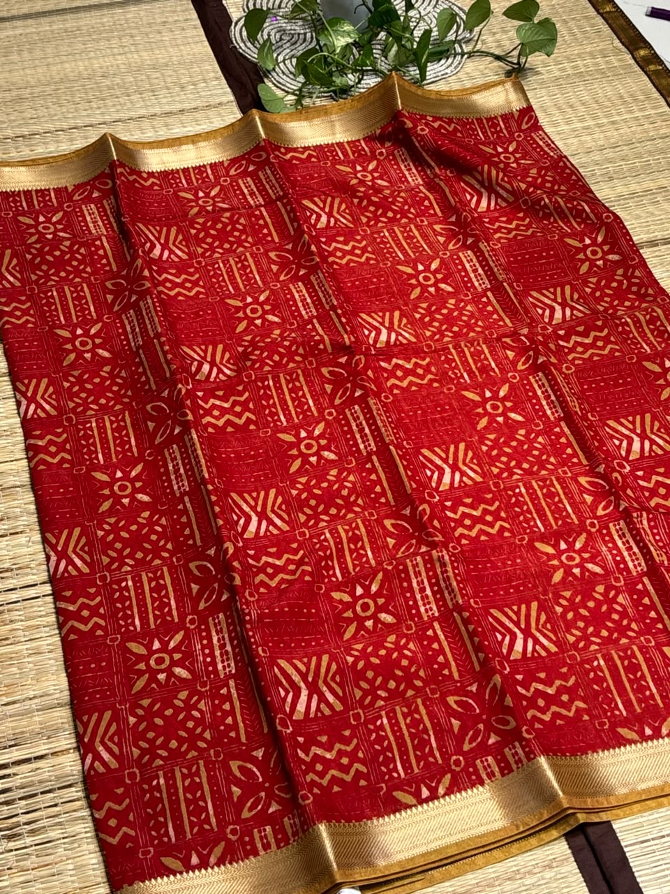 Dola Silk Saree with Tribal Geometric Block Print &amp; Zari Border