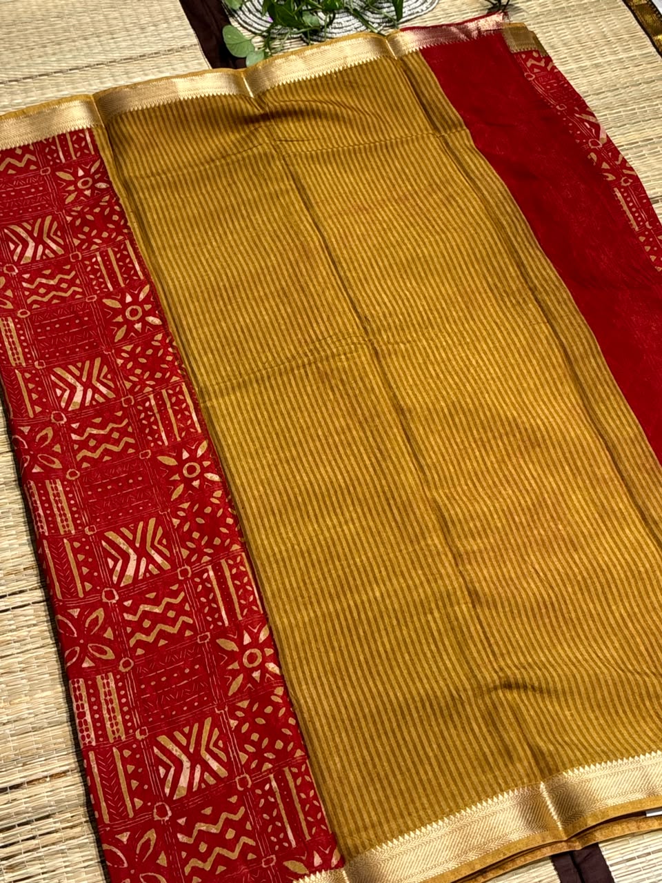 Dola Silk Saree with Tribal Geometric Block Print &amp; Zari Border