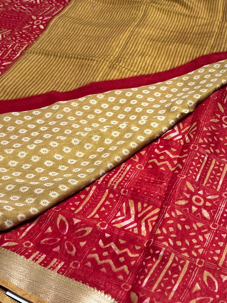 Dola Silk Saree with Tribal Geometric Block Print &amp; Zari Border