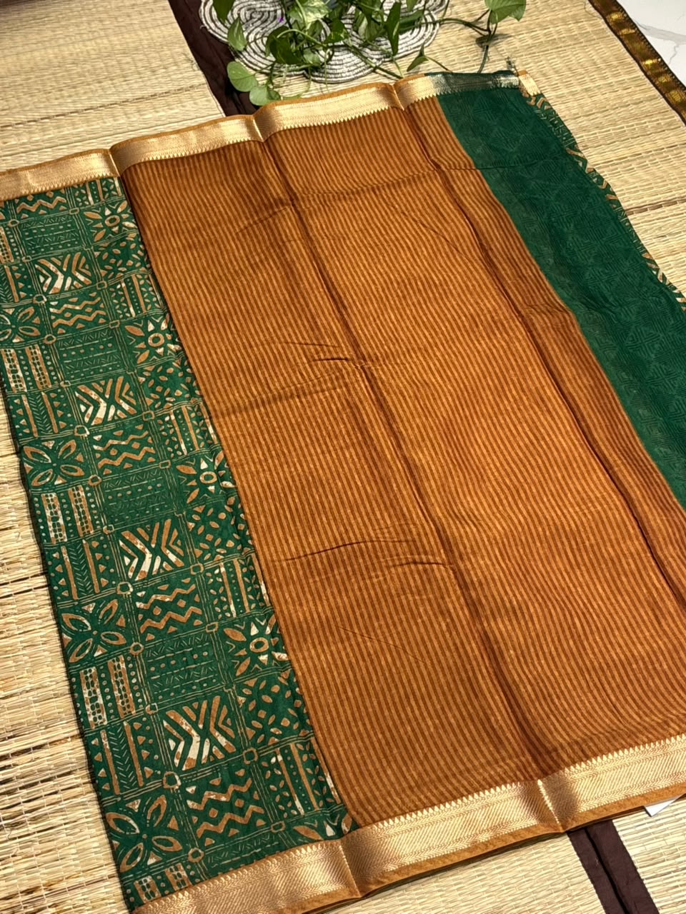 Dola Silk Saree with Tribal Geometric Block Print &amp; Zari Border