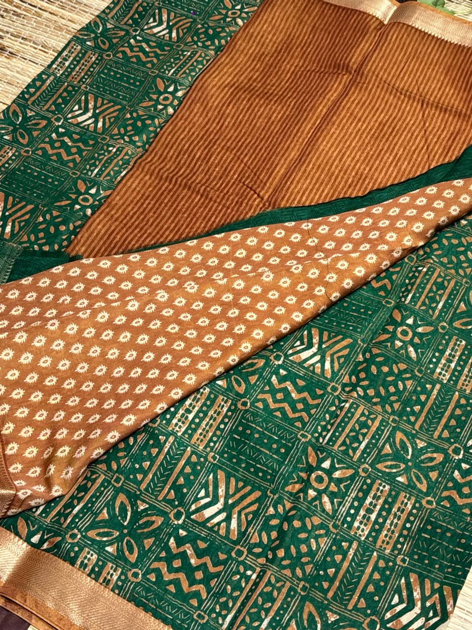 Dola Silk Saree with Tribal Geometric Block Print &amp; Zari Border