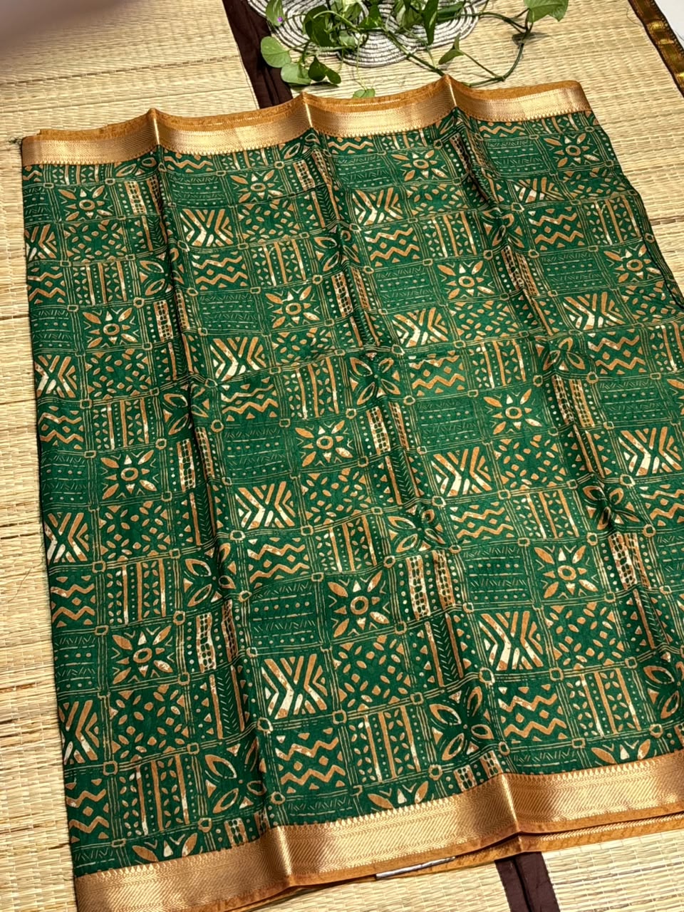 Dola Silk Saree with Tribal Geometric Block Print &amp; Zari Border