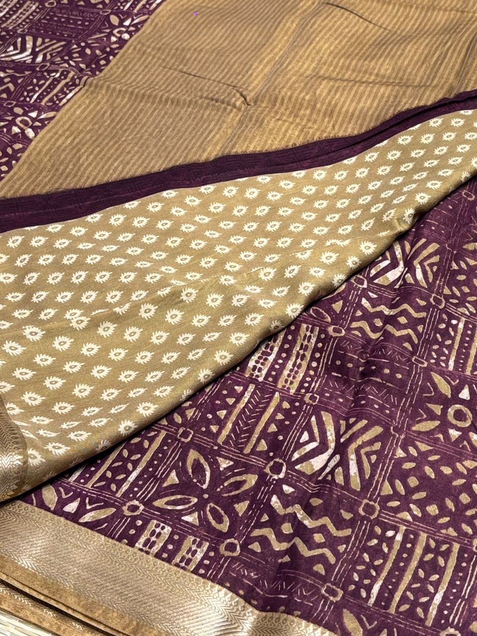 Dola Silk Saree with Tribal Geometric Block Print &amp; Zari Border