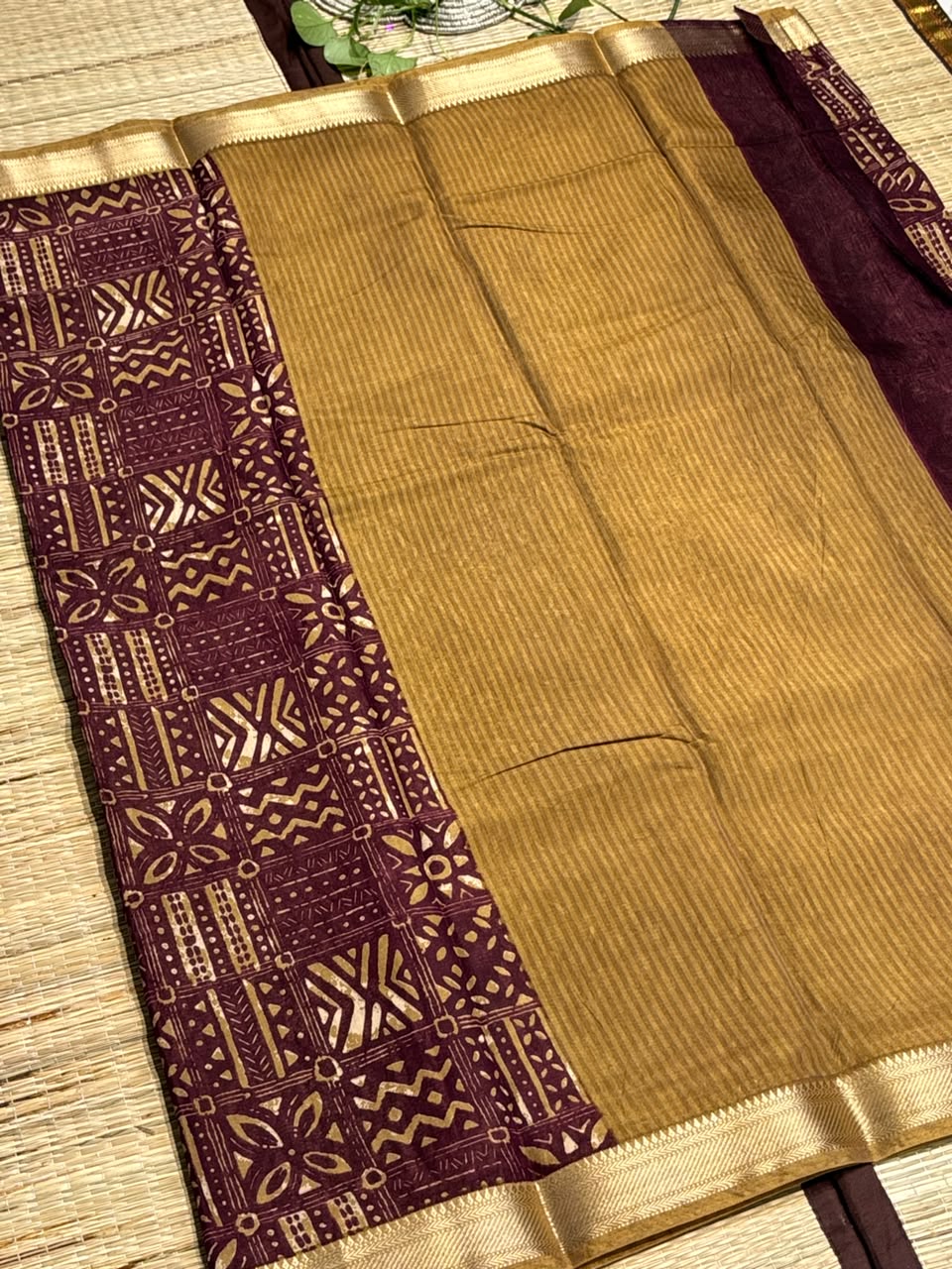Dola Silk Saree with Tribal Geometric Block Print &amp; Zari Border