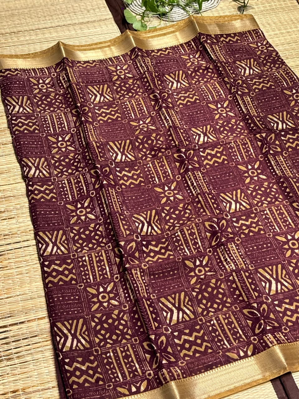 Dola Silk Saree with Tribal Geometric Block Print &amp; Zari Border