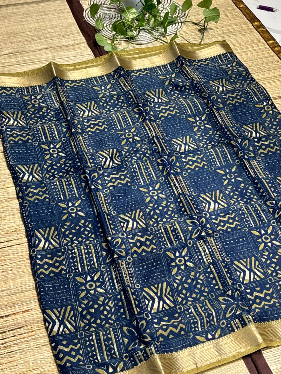 Dola Silk Saree with Tribal Geometric Block Print &amp; Zari Border
