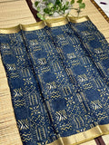 Dola Silk Saree with Tribal Geometric Block Print &amp; Zari Border