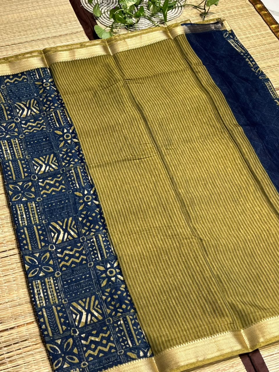 Dola Silk Saree with Tribal Geometric Block Print &amp; Zari Border