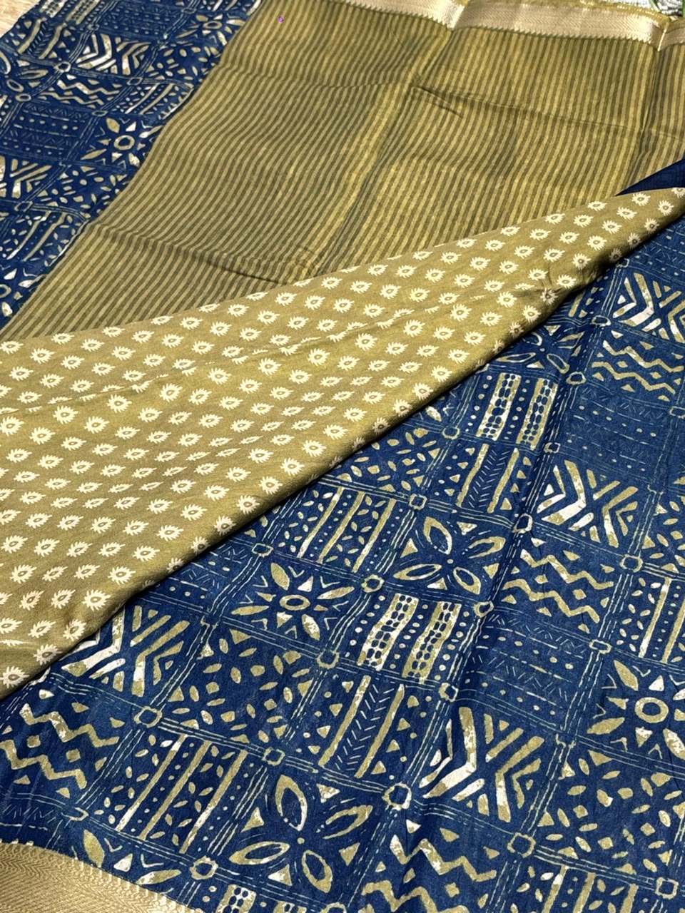 Dola Silk Saree with Tribal Geometric Block Print &amp; Zari Border