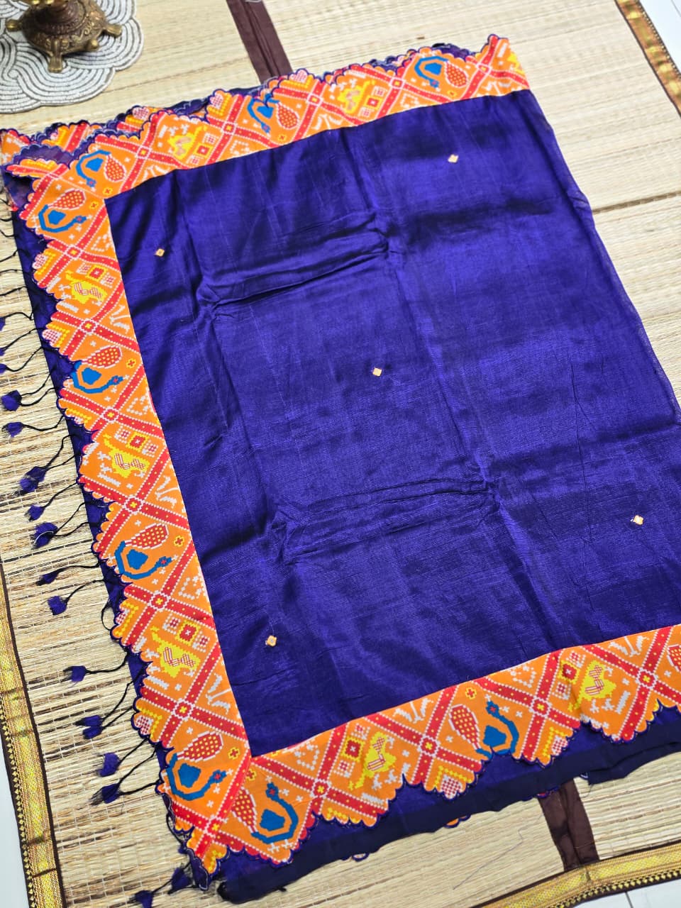 Royal Blue Silk Saree with Patola-Inspired Elephant &amp; Peacock Border