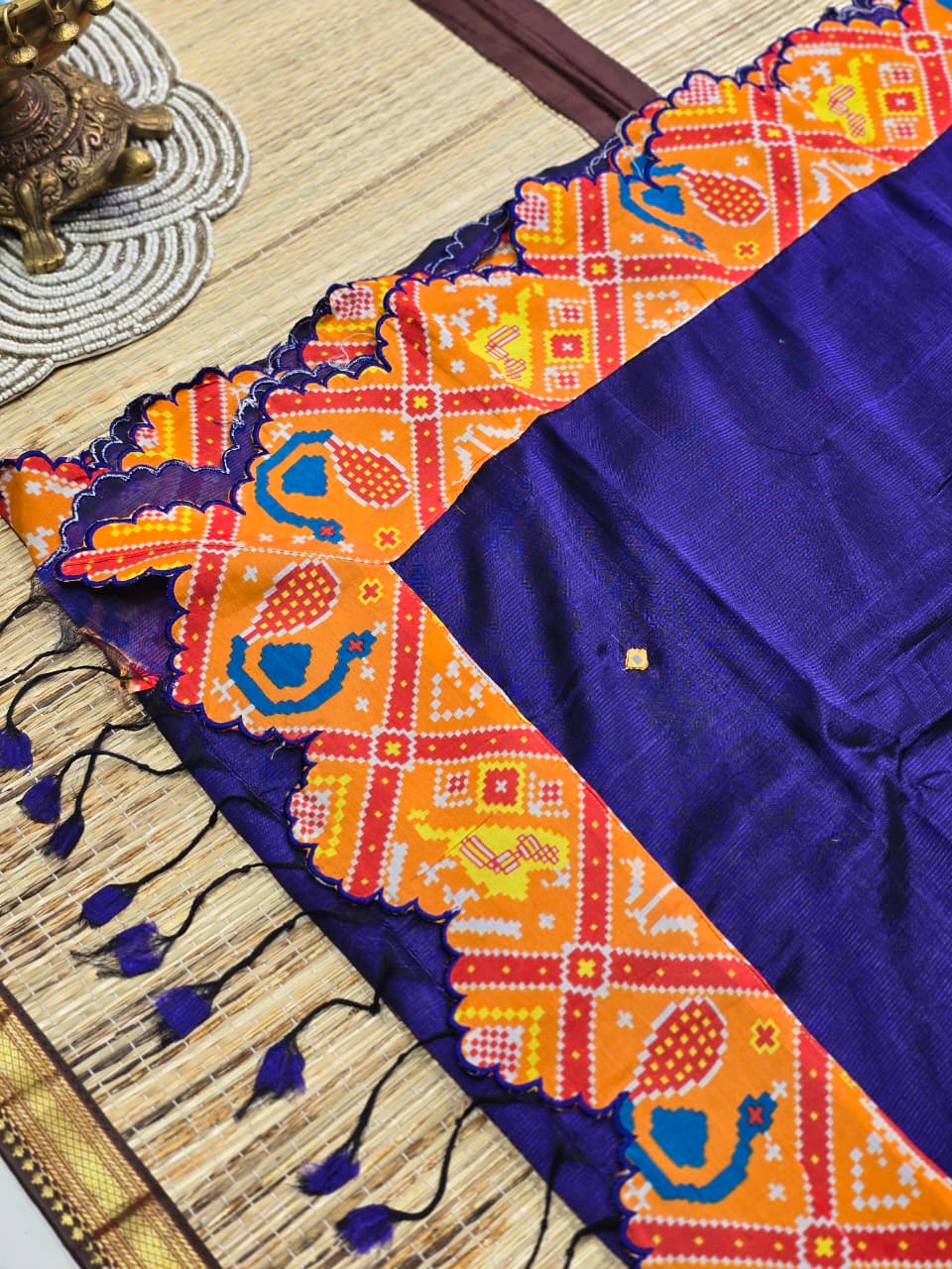 Royal Blue Silk Saree with Patola-Inspired Elephant &amp; Peacock Border