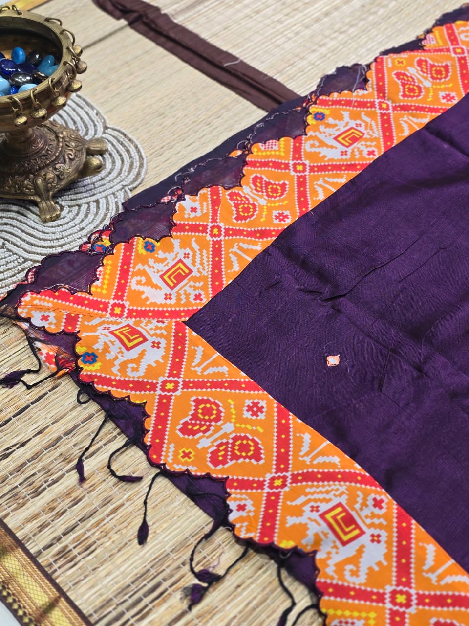 Mangalagiri Digital Print Saree with Patola-Inspired Elephant &amp; Butterfly Design